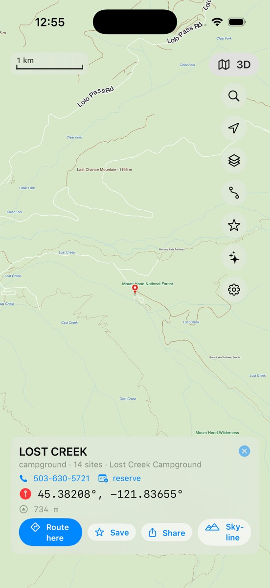Lost Creek campground card: 14 sites, phone number, reservation link, coordinates, elevation