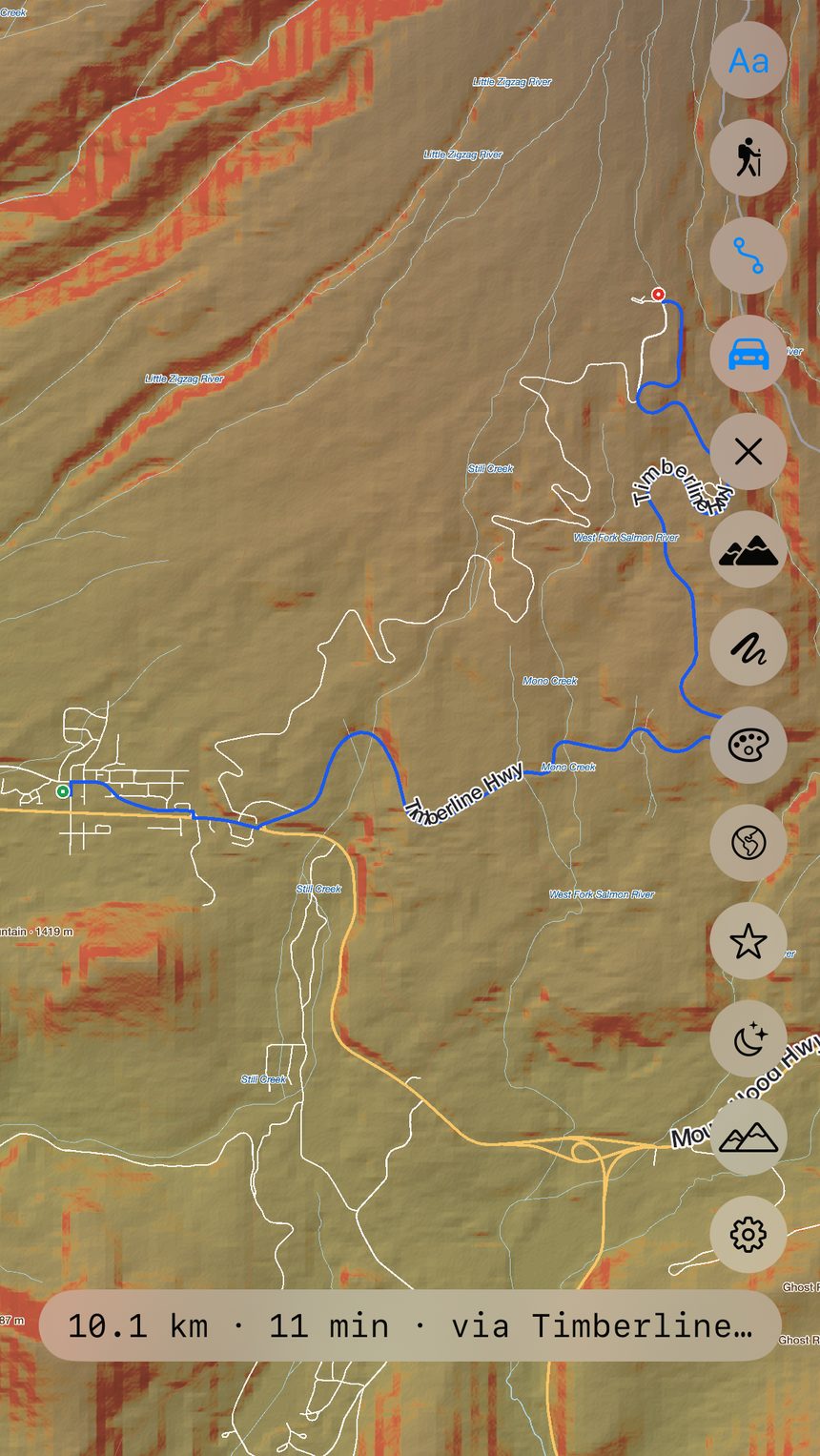 Offline driving route: 10.1 km, 11 minutes via Timberline Highway