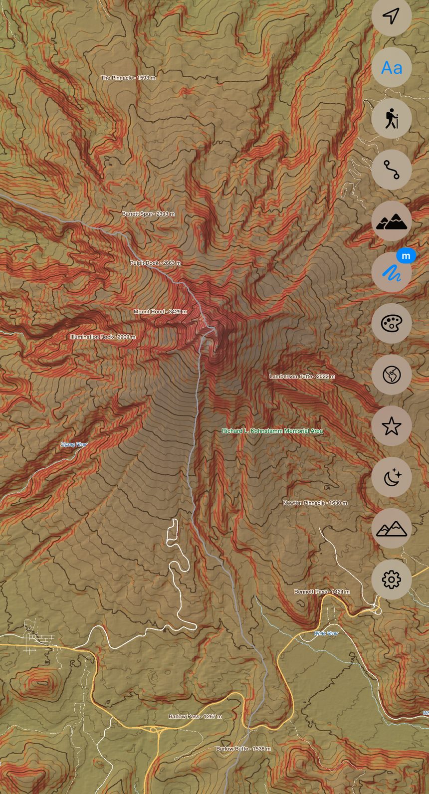 Mount Hood — GPU hillshade with live contour lines and trails, rendered offline on the phone