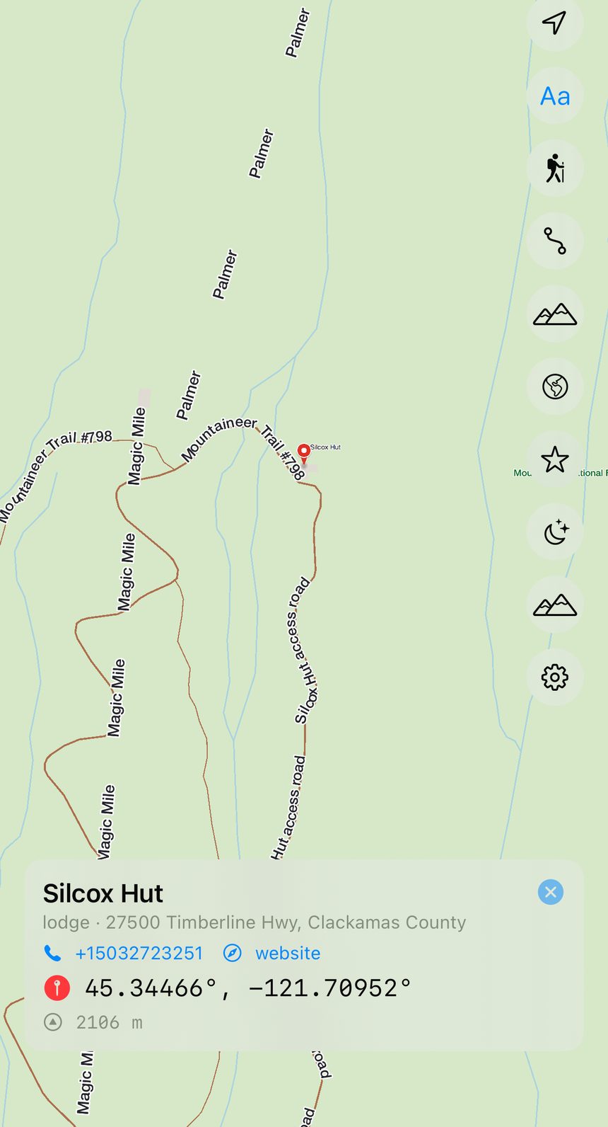 Silcox Hut point of interest card with phone number, website, coordinates and elevation — offline