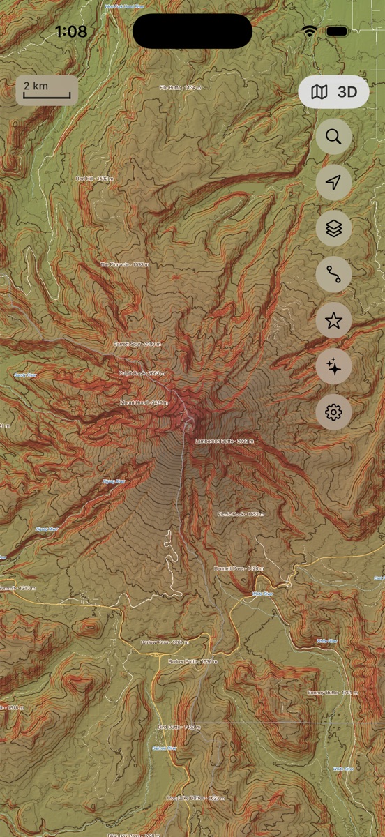 Hypsometric relief of Mount Hood with contours and peak labels