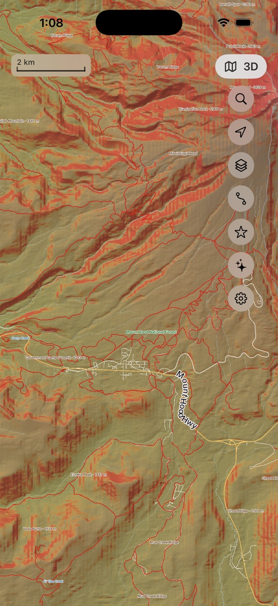 Slope-angle shading with trail network around Mount Hood